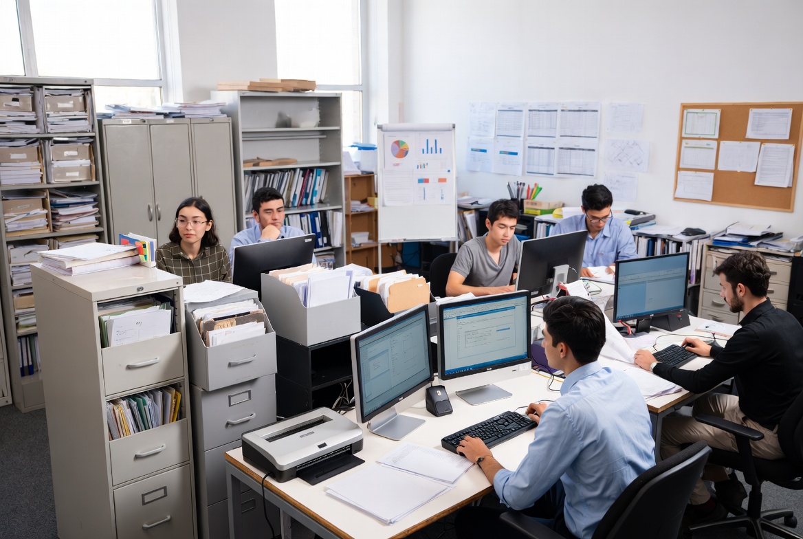 Contractor office team reviewing admin and project records